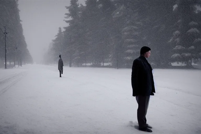 Prompt: Mysterious man standing in the middle of a snowy street photo by Gregory Crewdson,