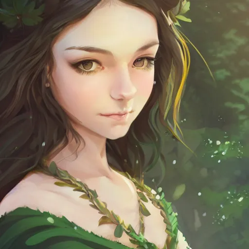 Prompt: portrait of a young beautiful woman with long dark brown hair, green eyes, tan skin, wearing a medieval fantasy outfit, forest landscape, nightime, fantasy, ambient lighting, 4k, anime key visual, charlie bowater, lois van baarle, ilya kuvshinov, rossdraws, artstation