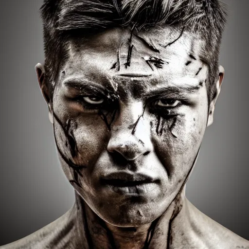 Image similar to portrait of a male warrior with a scarred face. Detailed face. Photo 8K.