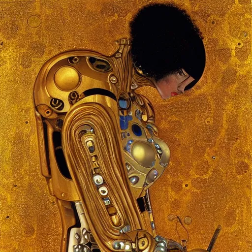 Prompt: Golden Portrait of a Cyborg from Ghost in the shell by Gustav Klimt, cyberpunk noir, baroque elements, intricate artwork by caravaggio, aesthetic, intricate, elegant, highly detailed, masterpiece