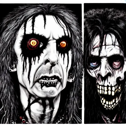 Prompt: graphic illustration, creative design, alice cooper as rob zombie, biopunk, francis bacon, highly detailed, hunter s thompson, concept art