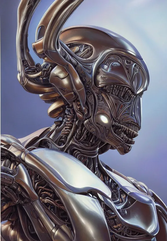 Prompt: perfectly centered portrait, front view of a beautiful biomechanical android alien robot xenomorph, symmetrical, concept art, intricate detail, volumetric shadows and lighting, realistic oil painting by tim hildebrandt,