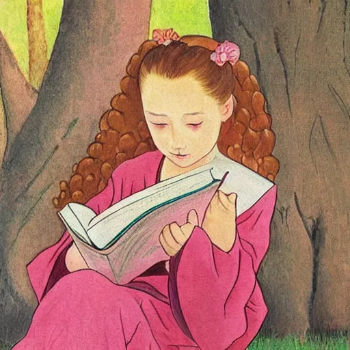 Image similar to beautiful little girl with long curly red hair dressed in a pink kimono and sitting next to a tree while reading a book, artwork made in western comic art style, inspired in balthus, anatomically correct, higher details