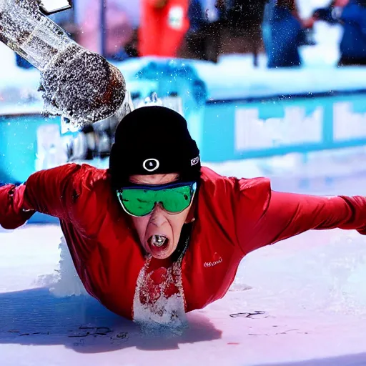 Image similar to sports illustrated olympics photo, an elderly woman sliding down an ice luge at incredibly high speeds