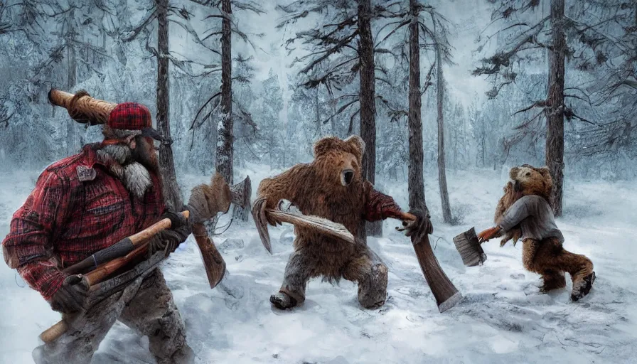 Image similar to lumberjack with his axe against a zombie bear in a snowy forest, hyperdetailed, artstation, cgsociety, 8 k