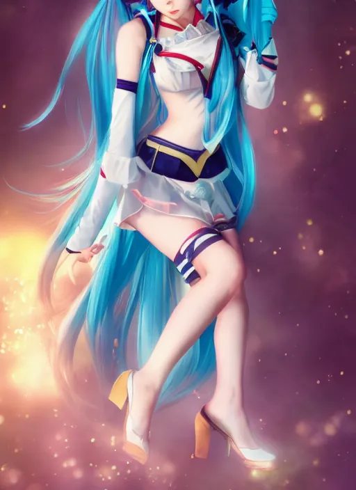 Image similar to Cute beautiful Asian cosplay girl with long blue hair and tempting eyes cosplaing Hatsune miku, full length shot, shining, 8k, HQ, sharp focus, IMAX quality, illustration, by Gil Elvgren and rossdraws