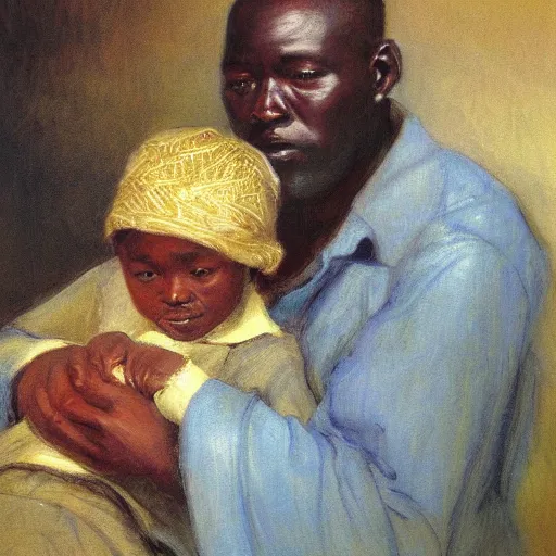 Image similar to a painting of a elegant well fed elder with few eyebrows and his son from Kenya by Henry Ossawa Tanner . thinker without facial hair, thoughtful, focused, visionary, calm, jovial, loving, fatherly, generous, . dramatic angle, ethereal lights, details, smooth, sharp focus, illustration, realistic, cinematic, artstation, award winning, rgb , unreal engine, octane render, cinematic light, macro, depth of field, blur, red light and clouds from the back, highly detailed epic cinematic concept art CG render made in Maya, Blender and Photoshop, octane render, excellent composition, dynamic dramatic cinematic lighting, aesthetic, very inspirational, arthouse.