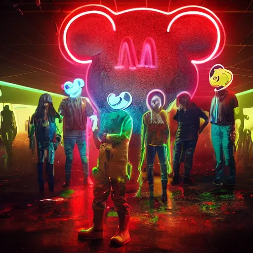 Image similar to a group of people standing around a giant bloody wounded head of mickey mouse, neon netflix logo, cyberpunk art by david lachapelle, cgsociety, sots art, dystopian art, reimagined by industrial light and magic, dark obscure neon concept art