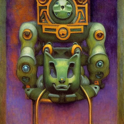 Image similar to ornate robot cat, by annie swynnerton and diego rivera and nicholas roerich and jean delville, symbolist, dramatic lighting, elaborate geometric ornament, art brut, colors are soft greens and blues and purple, smooth, sharp focus, extremely detailed, adolf wolfli and ( donato giancola )