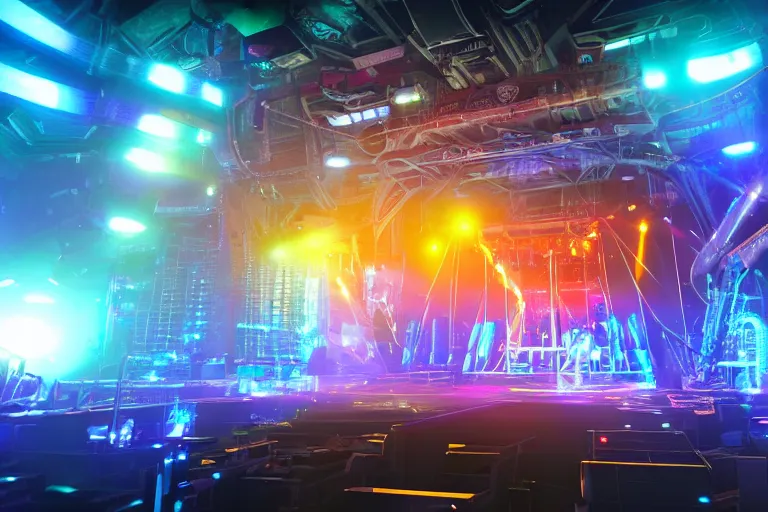 Image similar to a concert stage, big glowing letters over the stage tripmachine, center of the stage is a big futuristic steampunk generator surrounded by huge steampunk robots, rock musicians on the stage, laser show, 8 k, fluorescent colors, halluzinogenic, multicolored, exaggerated detailed, unreal engine