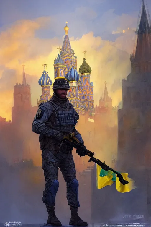 Image similar to special forces soldier installin ukrainian blue and yellow flag on red square kremlin, masculine figure, d & d, fantasy, bright atmosphere, volumetric lights, intricate, elegant, extremely detailed, digital painting, artstation, concept art, matte, smooth, sharp focus, hyper realistic, illustration, art by artgerm and greg rutkowski and alphonse mucha