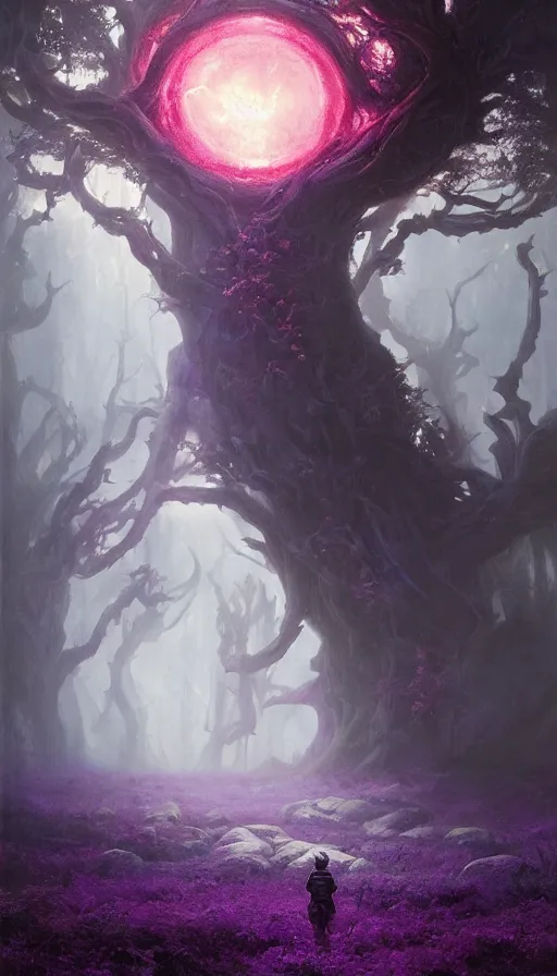 Prompt: Hyper realistic oil painting of a future sci-fi ancient god on the middle of a purple forest holding a portal that's about to explode, fog, volumetric lighting, nighttime, moonlight, by Greg Rutkowski and Diego Velázquez