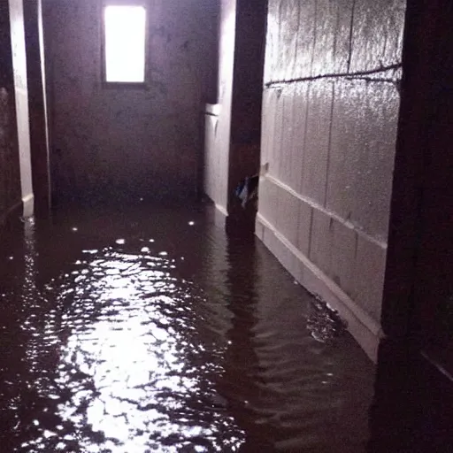 Image similar to a flooded creepy empty basement hallway with a skinwalker, craigslist photo