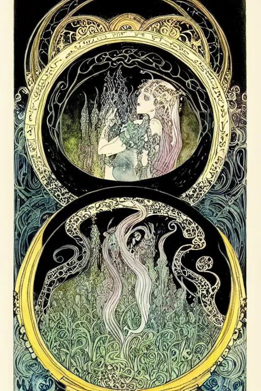 Prompt: a black cauldron over burning flames in the center of an ornate circular floral frame, detailed art by kay nielsen and walter crane, illustration style, watercolor