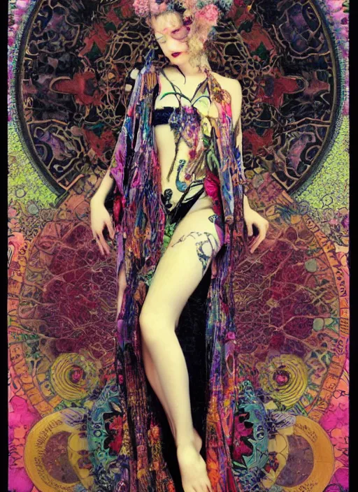 Image similar to cute punk goth fashion hippy fractal tattooed girl wearing kimono posing by Zhang Jingna, psychedelic poster art of by Victor Moscoso Rick Griffin Alphonse Mucha Gustav Klimt Ayami Kojima Amano Charlie Bowater, masterpiece