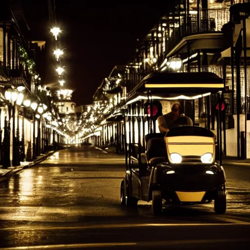 Image similar to golf carts driving down bourbon street in new orleans at night. cinematic lighting