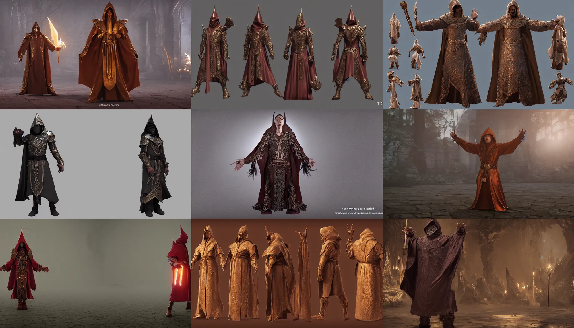 Prompt: t-pose of wizard, magic belt, elaborate cult robes, hood, character design sheet, face by Paul Rubens, character reference, TPose, cinematic concept art, t-pose, straight arms outstretched, all angles, octane render, ray tracing, unreal engine 5, DAZ, zbrush, CGSociety, 8k ultra HD,