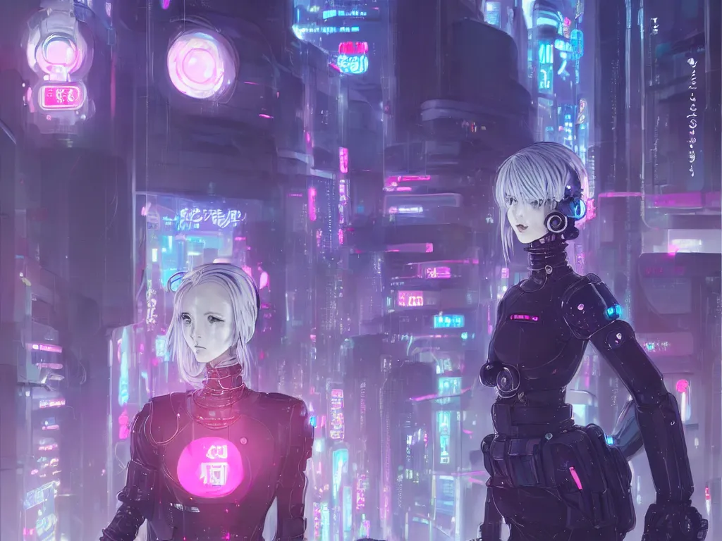 Image similar to portrait grey hair anime visual futuristic female cyber police, on cyberpunk neon light tokyo rooftop, ssci - fi and fantasy, intricate and very beautiful, human structure, concept art, sharp focus, anime by simon stalenhag, rossdraws and magali villeneuve and liya nikorov and luxearte, frostine engine