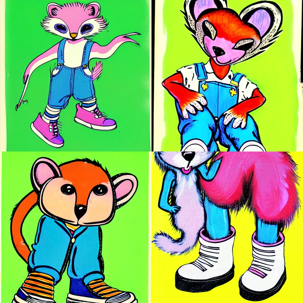 Prompt: soft pastel brush pen 1980s storybook illustration of an anthropomorphic furry character of a weasel in shortalls and colorful sneakers. in a kindergarten classroom.