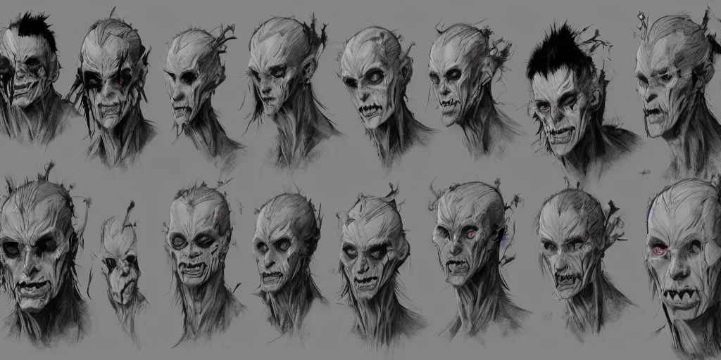 Prompt: gothic creature character face detail designs, Kim Jung Gi, Greg Rutkowski, character sheet, Darek Zabrocki, Karlkka, Jayison Devadas, Phuoc Quan, trending on Artstation, 8K, ultra wide angle, pincushion lens effect