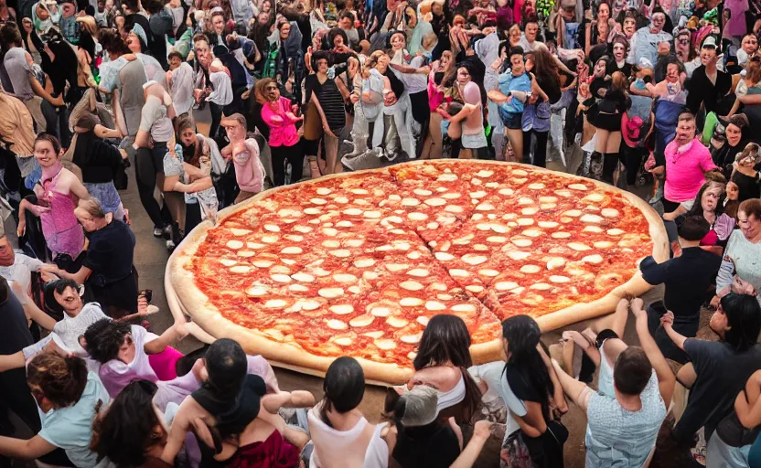 Prompt: a crowd of people dancing in a party around a giant pizza,