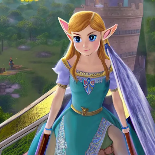 Prompt: Princess Zelda on the balcony of Hyrule Castle, photorealistic