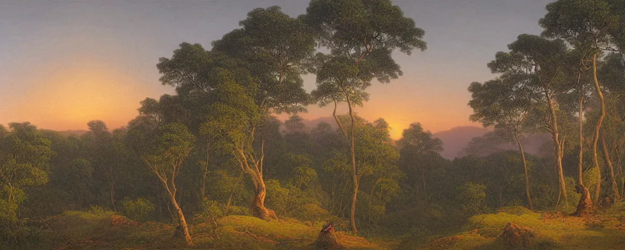 Prompt: oil painting of a sri lankan landscape at sunset, pine trees in the foreground, mountain sunset in the background, volumetric lighting, volumetric shadows, realistic oil painting by gustave dore, - h 6 4 0,