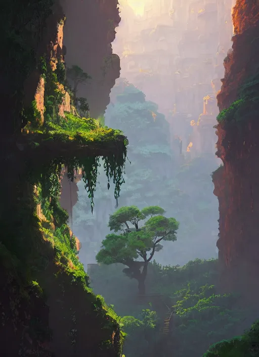 Image similar to medieval city built on terraces in a gigantic canyon, lots of buildings connected by hanging bridges, waterfalls, glow coming from amber veins in the ground, lush vegetation, pitchblack sky, extremly detailed digital painting, in the style atey ghailan and greg rutkowski, rim light, beautiful lighting, 8 k, stunning scene, raytracing, octane, trending on artstation