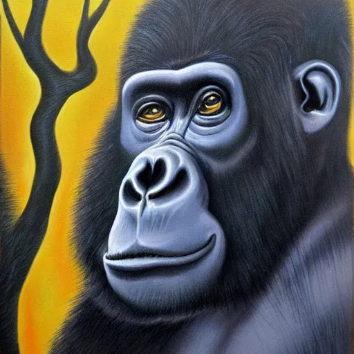 Image similar to haunted surrealist painting of a gorilla, landscape background, oil painting