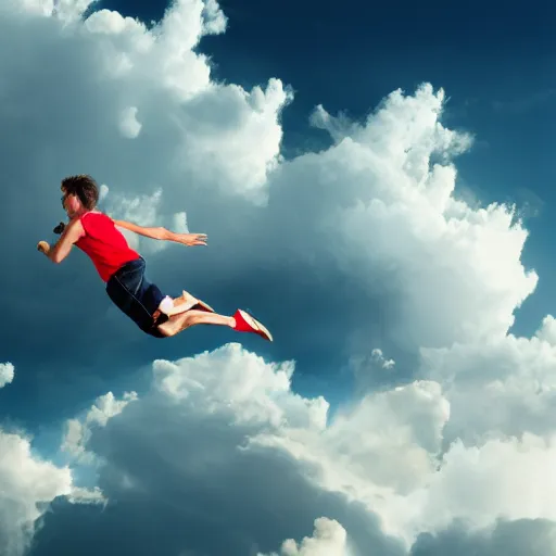 Prompt: running and falling on clouds, 4k, post-processing, detailed, photorealistic imagery