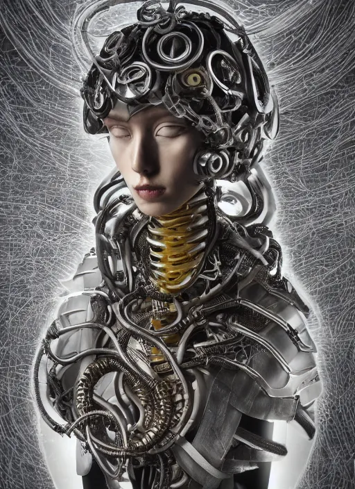 Image similar to portrait of futuristic king arthur knight medusa cyborg, kintsugi, x - ray, steam and cyberpunk, modern fine art, fractal, intricate, elegant, highly detailed, digital photography, subsurface scattering, by jheronimus bosch and james jean,