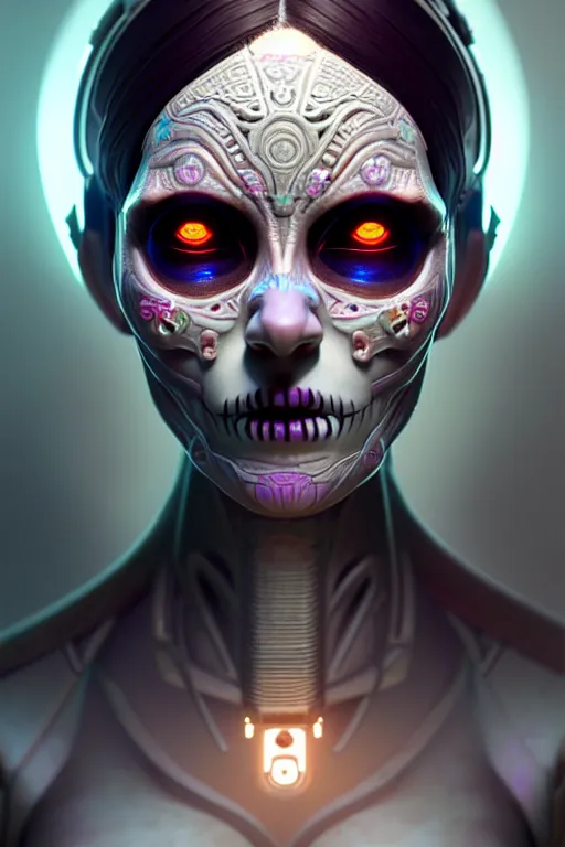 Image similar to ultra detailed Female Android deity, scifi, octane render, clay render, (dia de los muertos), asymmetrical, intricate concept art, art by artgerm and DZO and greg rutkowski and loish and WLOP