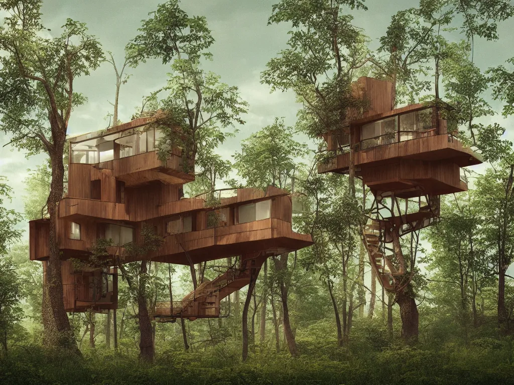 Image similar to “A mid-century stahl tree house by Pierre Koenig, trending on artstation, octane render, cgsociety, digital art”