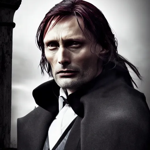 Prompt: mads mikkelsen as a vampire, male, late - 4 0 s aged, shoulder blade length, slicked black hair, red irises, clean shaven, wearing a cape, regal, royal, grim facial expression, high medieval fantasy, full color digital art, cinematic shot, full body shot.