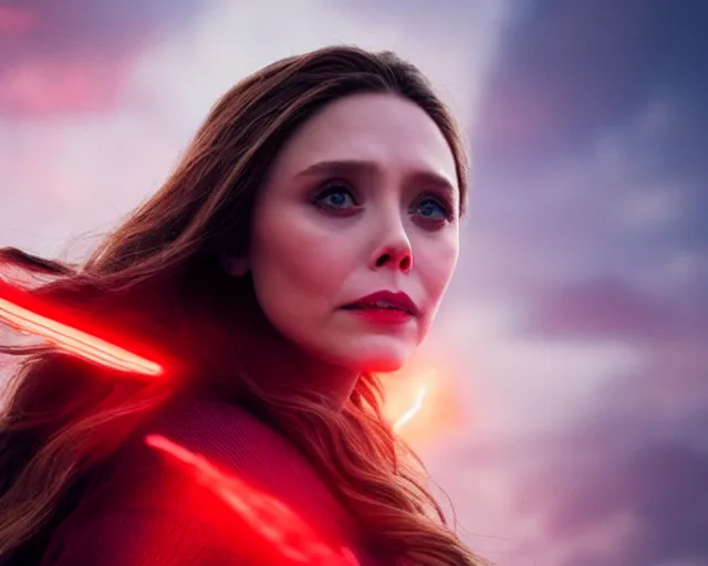 Image similar to movie still of elizabeth olsen as the scarlet witch afloat!!!!! in the air with red glowing eyes, emanating red magic!!!!! from her palms, full - body portrait, trending on artstation, 8 k quality, cgsociety contest winner, artstation hd, artstation hq, luminous lighting, beautiful cloudy atmosphere