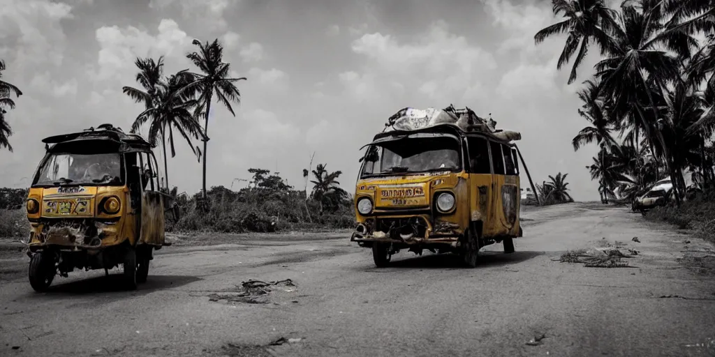 Image similar to sri lankan mad max style, driving a tuk tuk, film still, epic shot cinematography, rule of thirds