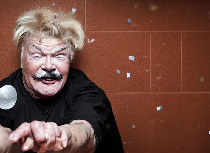 Image similar to photo still of rip taylor in a jail cell!!!!!!!! at age 5 4 years old 5 4 years of age!!!!!!! throwing confetti from a bucket, 8 k, 8 5 mm f 1. 8, studio lighting, rim light, right side key light