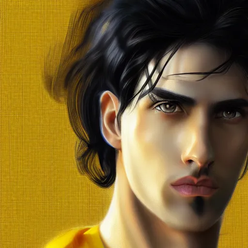 Prompt: ultra realistic illustration, man with black hair, in a checkered yellow and black shirt, with blue eyes, highly detailed, digital painting, artstation, concept art, smooth, sharp focus, illustration