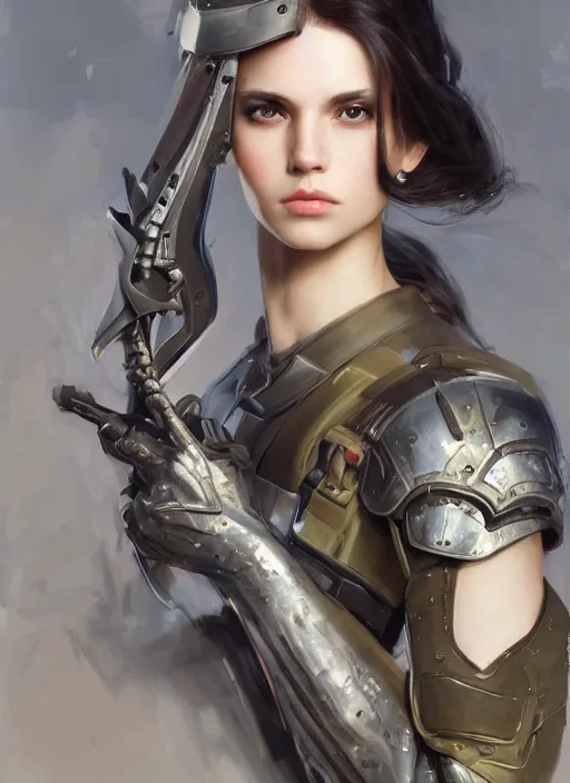 Image similar to a professional painting of a beautiful young female, clothed in military armor, olive skin, long dark hair, beautiful bone structure, symmetrical facial features, intricate, elegant, digital painting, concept art, smooth, sharp focus, illustration, from Metal Gear, by Ruan Jia and Mandy Jurgens and Artgerm and William-Adolphe Bouguerea