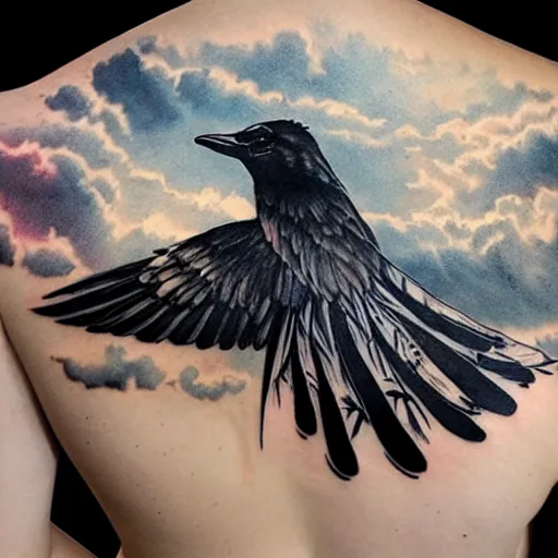 Image similar to back piece tattoo of a magpie flared out on a background of thunderclouds and lightning, high detail