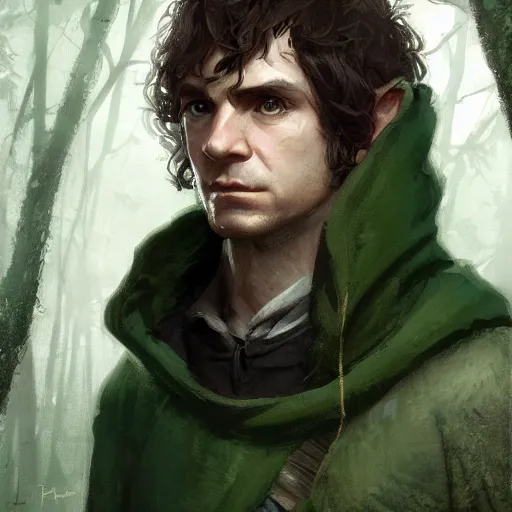 Prompt: a portrait of a handsome hobbit rogue wearing a dark green hood and a cloak in the forest, wearing adventure gear, ultra realistic, detailed, masterpiece, short hair cut, clean shaven, by Greg Rutkowski, trending on ArtStation