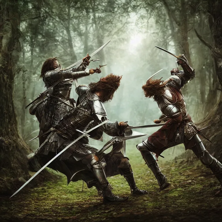 Image similar to two knights fighting with swords in forest, highly detailed, smooth, sharp focus, portrait, concept art, intricate details, fantasy poster, dark athmosphere, 8 k. lifelike. nikon d 8 5 0