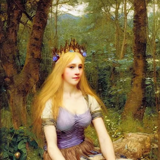 Image similar to portrait of a blue eyed, blonde haired crowned queen of summer with light elvish overtones and a forest background by John WIlliam Waterhouse