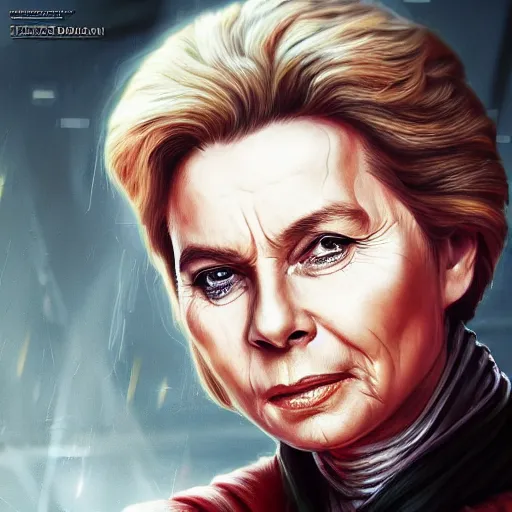 Image similar to Ursula von der Leyen as a sith lord, post-apocalyptic, EU, European Union, Brussels, wlop, artstation