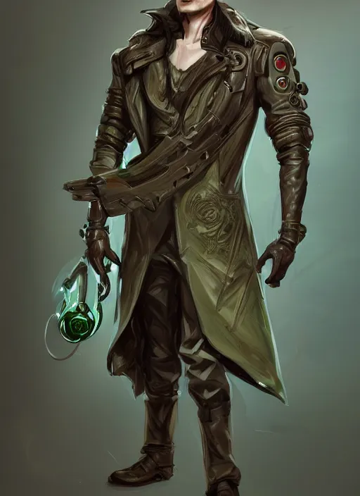 Image similar to a highly detailed illustration of thick wavy brown haired young white guy wearing brown detective trench coat and wearing dark green mask, with many long mechanical arms on his back, dramatic standing pose, intricate, elegant, highly detailed, centered, digital painting, artstation, concept art, smooth, sharp focus, league of legends concept art, WLOP