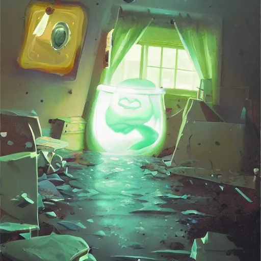 Prompt: the blob, a being of green ghostly ooze making its way through abandoned midnight, ray swanland, rhads,