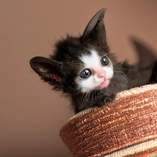 Prompt: a bat kitten wears a hut, photo taken by a nikon, 4k, very detailed, high quality