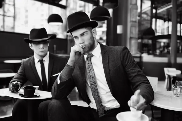 Image similar to still photo of new york men wearing suit and hat at a cafe, black and white color aesthetic, highly detailed, photorealistic portrait, bright studio setting, studio lighting, crisp quality and light reflections, unreal engine 5 quality render
