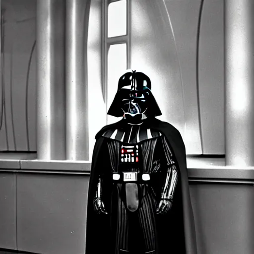 Prompt: darth vader at the star wars exhibit during the 1 9 3 9 new york world's fair. black and white photography, 3 5 mm, tourist photo