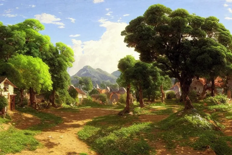 Image similar to a beautiful landscape of a tiny futuristic village in the french countryside during spring season, painting by studio ghibli backgrounds and frederic edwin church hd and louis remy mignot hd, nice spring afternoon lighting, smooth tiny details, soft and clear shadows, low contrast, perfect